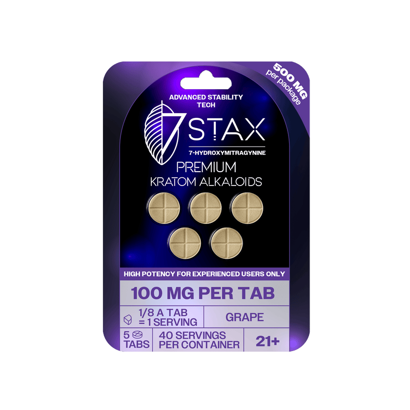 7Stax 100mg Premium Alkaloids packaging with gold tablets on a green background