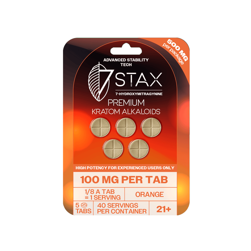 7Stax 100mg Premium Alkaloids packaging with orange and black design on a green background