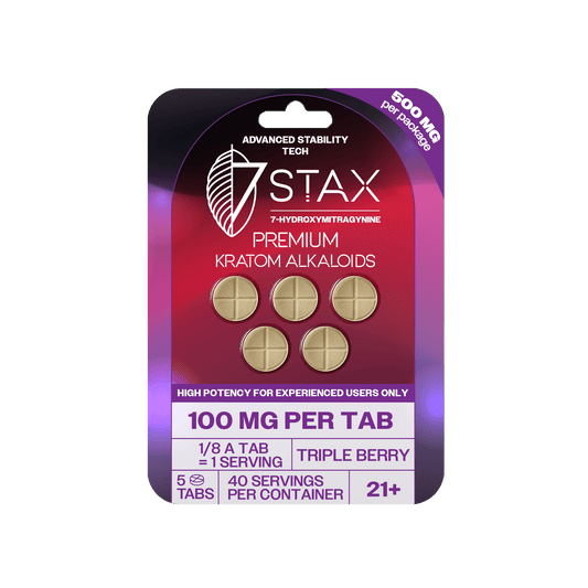 7Stax 100mg Premium Alkaloids packaging with gold tablets on a purple and red background