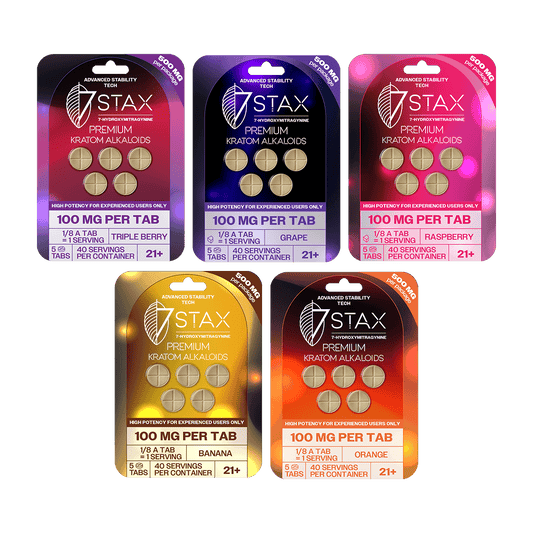 Five packages of 7Stax 100mg Premium Alkaloids on a green background