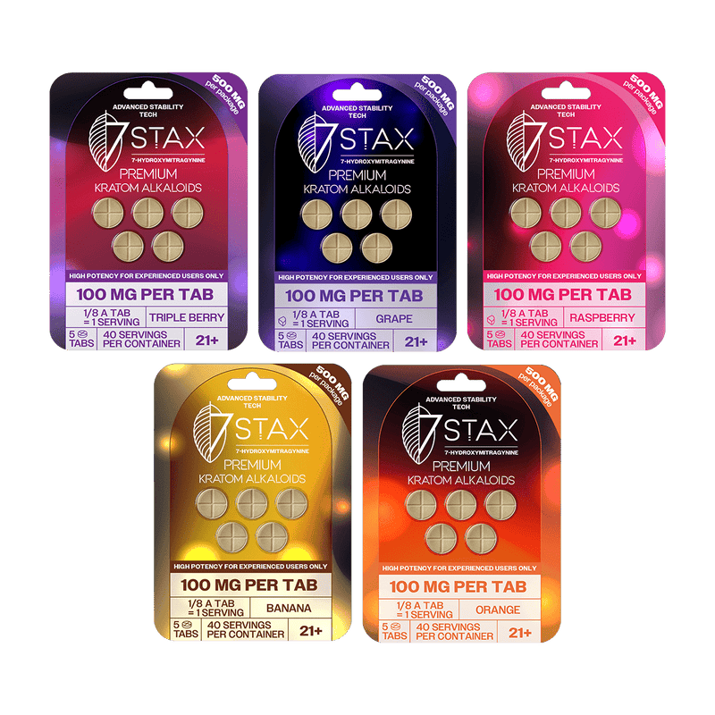 Five packages of 7Stax 100mg Premium Alkaloids on a green background