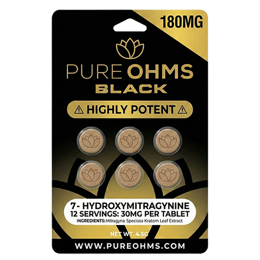 Packaging of Pure Ohms Black Kratom tablets with gold and black design.